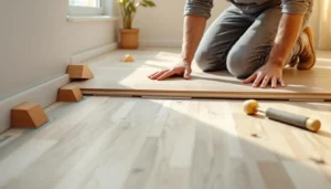 Pose de parquet stratifié flottant avec cales de dilatation et tire-lame sur sous-couche
