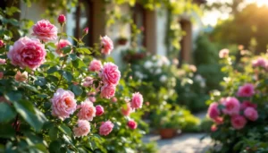 Rosiers taillés en jardin avec outils et façade esthétique naturelle