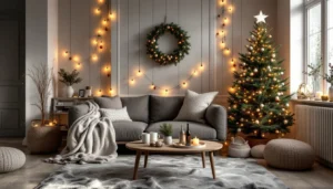 Sapin fabriqué en bois tasseaux décoré Noël dans salon moderne avec LED et ornements naturels