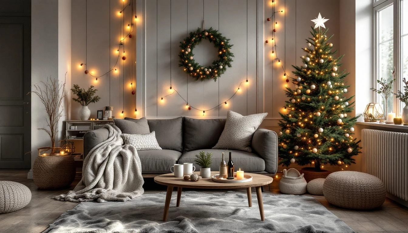 Sapin fabriqué en bois tasseaux décoré Noël dans salon moderne avec LED et ornements naturels