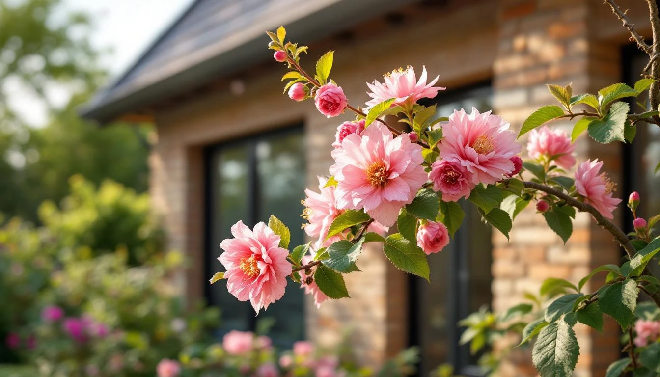 Albizia julibrissin en fleur dans un jardin avec floraison rose estivale