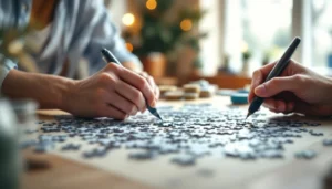 Mains appliquant du vernis-colle sur un puzzle terminé posé sur une table en bois naturel