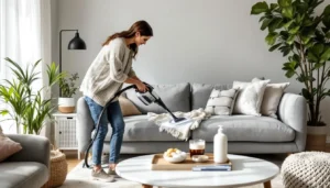 Designer nettoyant canapé en tissu avec vapeur et produits naturels dans salon cosy
