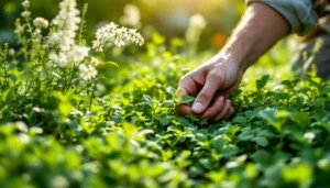 Jardinier désherbant manuellement une pelouse verte au printemps sans produit chimique