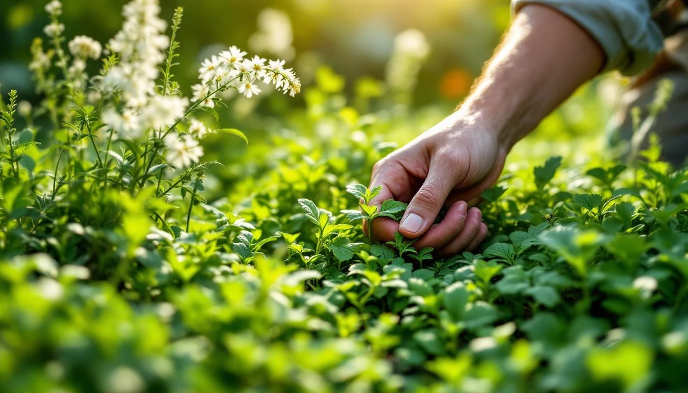 Jardinier désherbant manuellement une pelouse verte au printemps sans produit chimique
