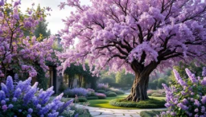 Arbre paulownia en fleurs violettes avec racines soulevant un dallage de jardin