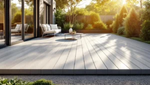 Terrasse en composite gris clair dans un jardin moderne ensoleillé avec mobilier blanc