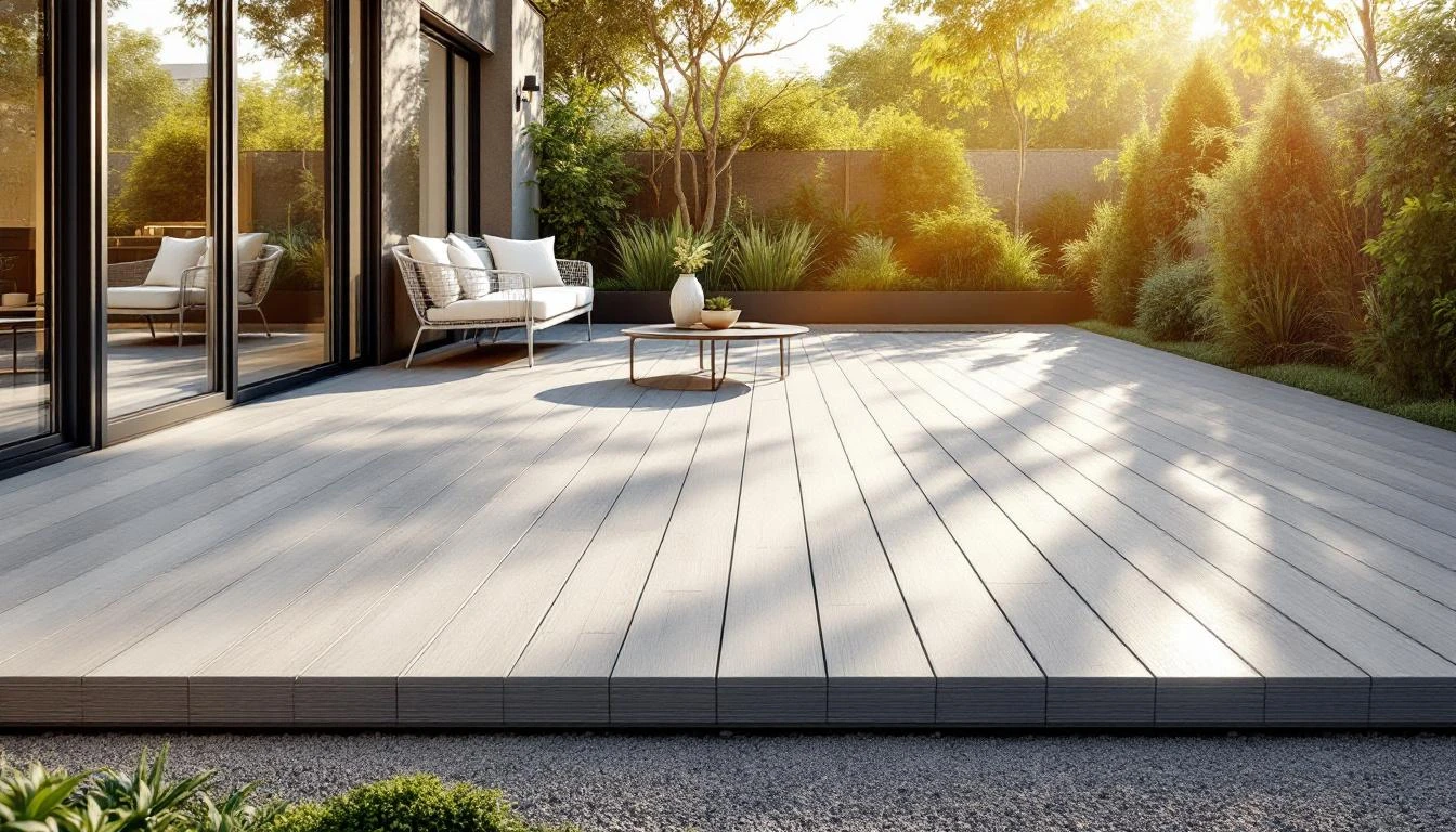 Terrasse en composite gris clair dans un jardin moderne ensoleillé avec mobilier blanc