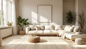Sol en jonc de mer dans un salon décoré style naturel avec mobilier en bois et lin