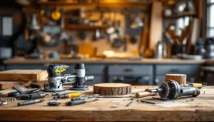 Sélection d'outils électroportatifs professionnels sur établi en bois d'atelier