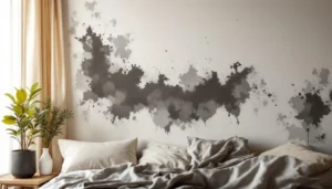 Taches de moisissure noire sur un mur de chambre à coucher, problème d'humidité