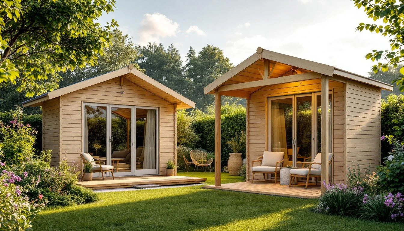 Deux abris de jardin en bois naturel installés dans un jardin verdoyant et soigné