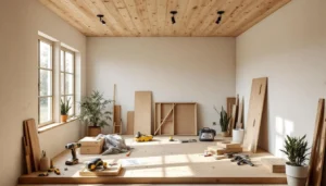 Chantier solivage pour plafond en bois avec solives et sabots métalliques