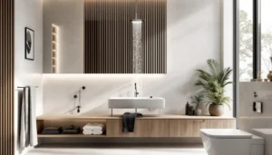 Installation pommeau de douche à hauteur idéale 210 cm dans salle de bain design moderne