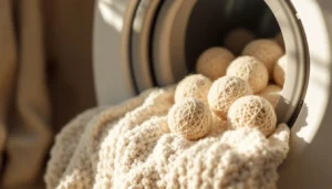 Boules de séchage en laine naturelle posées devant un sèche-linge ouvert