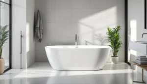 Baignoire repeinte résine époxy blanche satinée dans salle de bain moderne