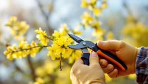 Gardener pruning a forsythia bush with yellow flowers in spring.