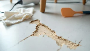 Réparation d'un lino enfoncé avec un sèche-cheveux et une spatule plastique sur sol clair