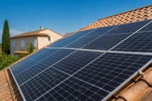 Panneaux photovoltaïques installés sur le toit d'une maison individuelle en France, ciel bleu ensoleillé