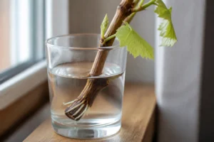Bouture de vigne avec de petites racines blanches dans un verre d'eau posé sur un rebord de fenêtre en bois