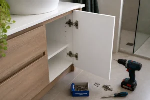 Remplacement d'une porte de meuble de salle de bain en mélaminé blanc avec charnières invisibles