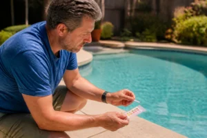 Personne testant la qualité de l'eau d'une piscine extérieure avec des bandelettes de test chlore