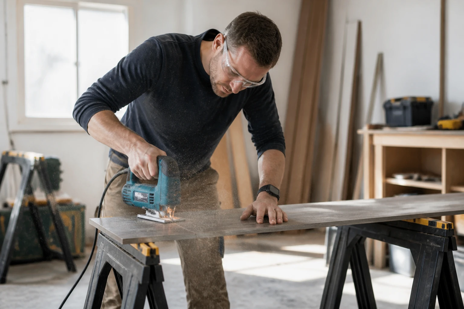 Personne découpant un lé de parquet stratifié à la scie sauteuse sur des chevalets, atelier lumineux