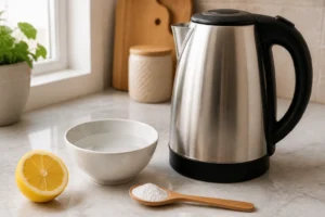 Bouilloire électrique inox sur un plan de travail de cuisine avec vinaigre blanc, citron et acide citrique pour le détartrage