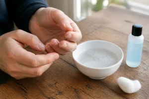 Mains avec résidu de colle séchée sur les doigts, bol d'eau savonneuse et dissolvant posés sur une table en bois