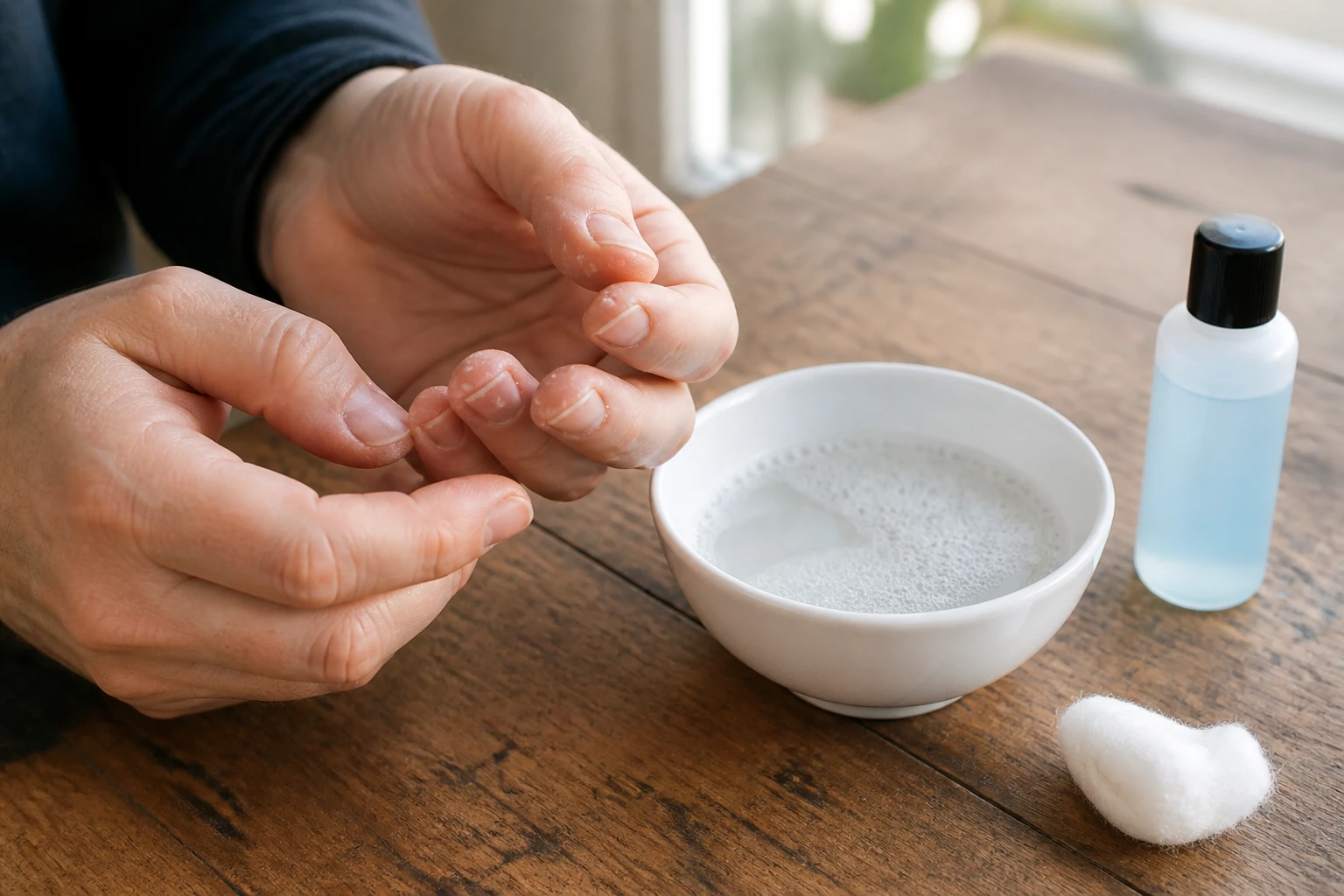 Mains avec résidu de colle séchée sur les doigts, bol d'eau savonneuse et dissolvant posés sur une table en bois