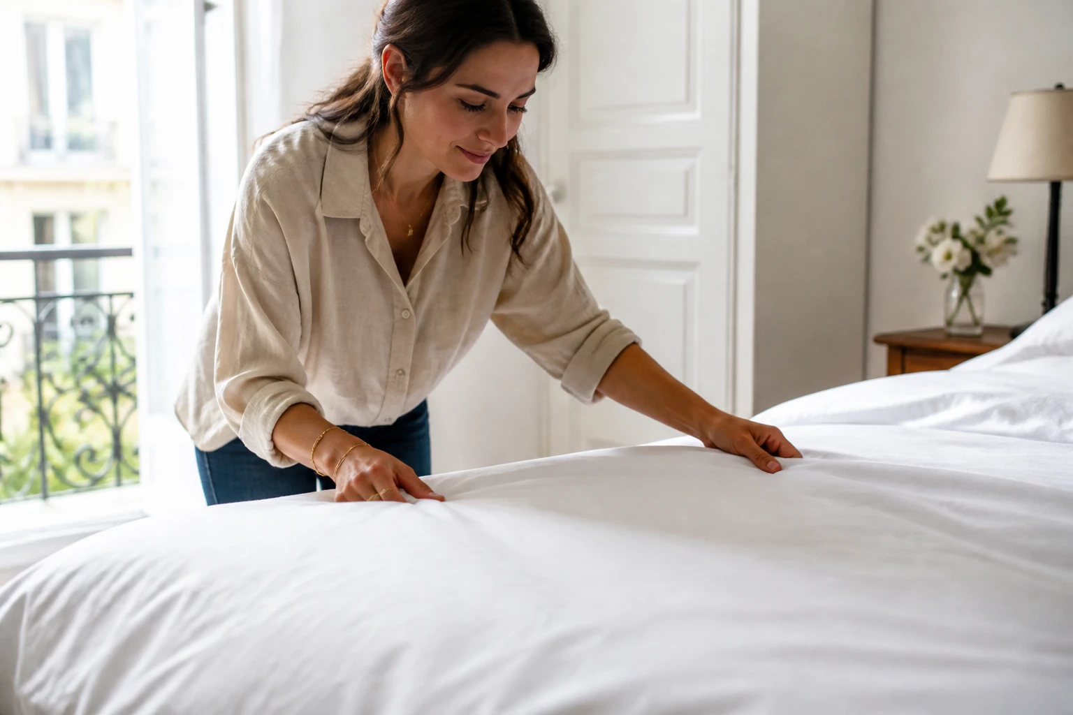 Femme mettant une housse de couette blanche sur un lit double dans une chambre lumineuse