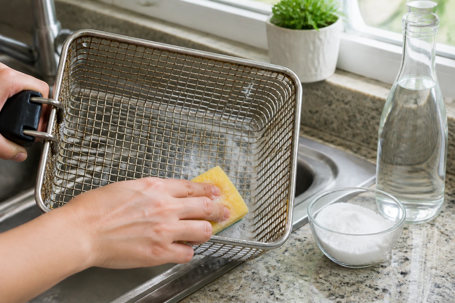 Nettoyage d'une cuve de friteuse en inox avec une éponge et du bicarbonate de soude