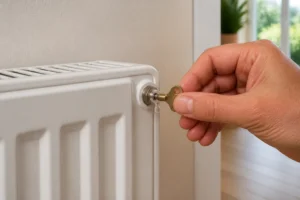 Main utilisant une clé de purge laiton sur la vis d'un radiateur blanc pour évacuer l'air du circuit de chauffage