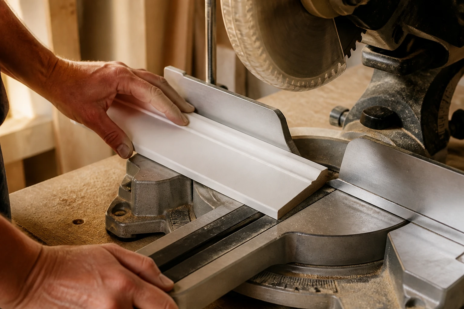 Coupe d'une plinthe MDF blanche à la scie à onglets électrique réglée à l'angle exact pour un raccord parfait