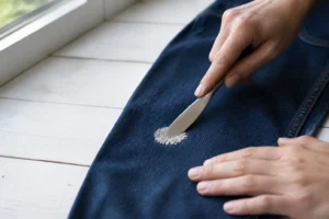 Grattage d'un chewing-gum durci sur un jean en denim avec le dos d'un couteau à beurre, lumière naturelle