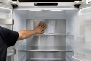Main posée sur la paroi intérieure d'un réfrigérateur ouvert pour vérifier la température, cuisine française