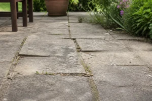 Dalles de terrasse posées sur sable avec joints érodés, surface irrégulière et mauvaises herbes entre les pierres
