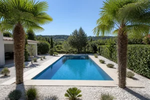 Palmiers trachycarpus plantés de chaque côté d'une piscine rectangulaire entourée de margelles en pierre