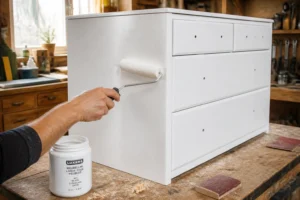 Meuble en bois repeint en blanc laqué satiné sur un établi avec rouleau mousse et pot de peinture