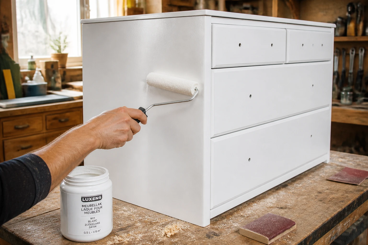 Meuble en bois repeint en blanc laqué satiné sur un établi avec rouleau mousse et pot de peinture