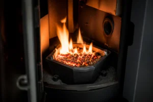 Intérieur d'un poêle à granulés Cadel avec creuset incandescent et flamme orange visible