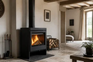 Poêle à bois Panadero Sierra installé dans un salon français avec feu allumé visible