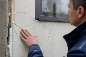 Fissure dans l'enduit d'une isolation thermique extérieure autour d'une fenêtre