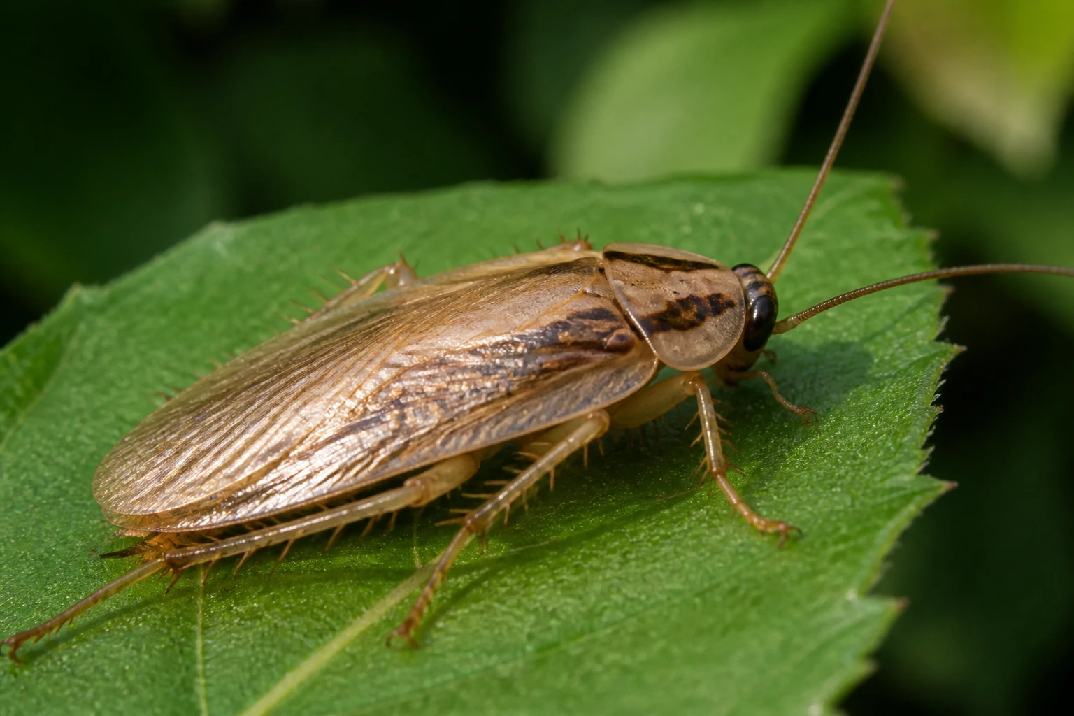Blatte forestière brune sur une feuille verte dans un jardin, vue macro en lumière naturelle