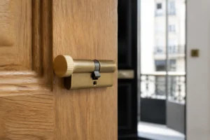 Cylindre de serrure à bouton moleté en laiton brossé installé sur une porte d'entrée en bois clair