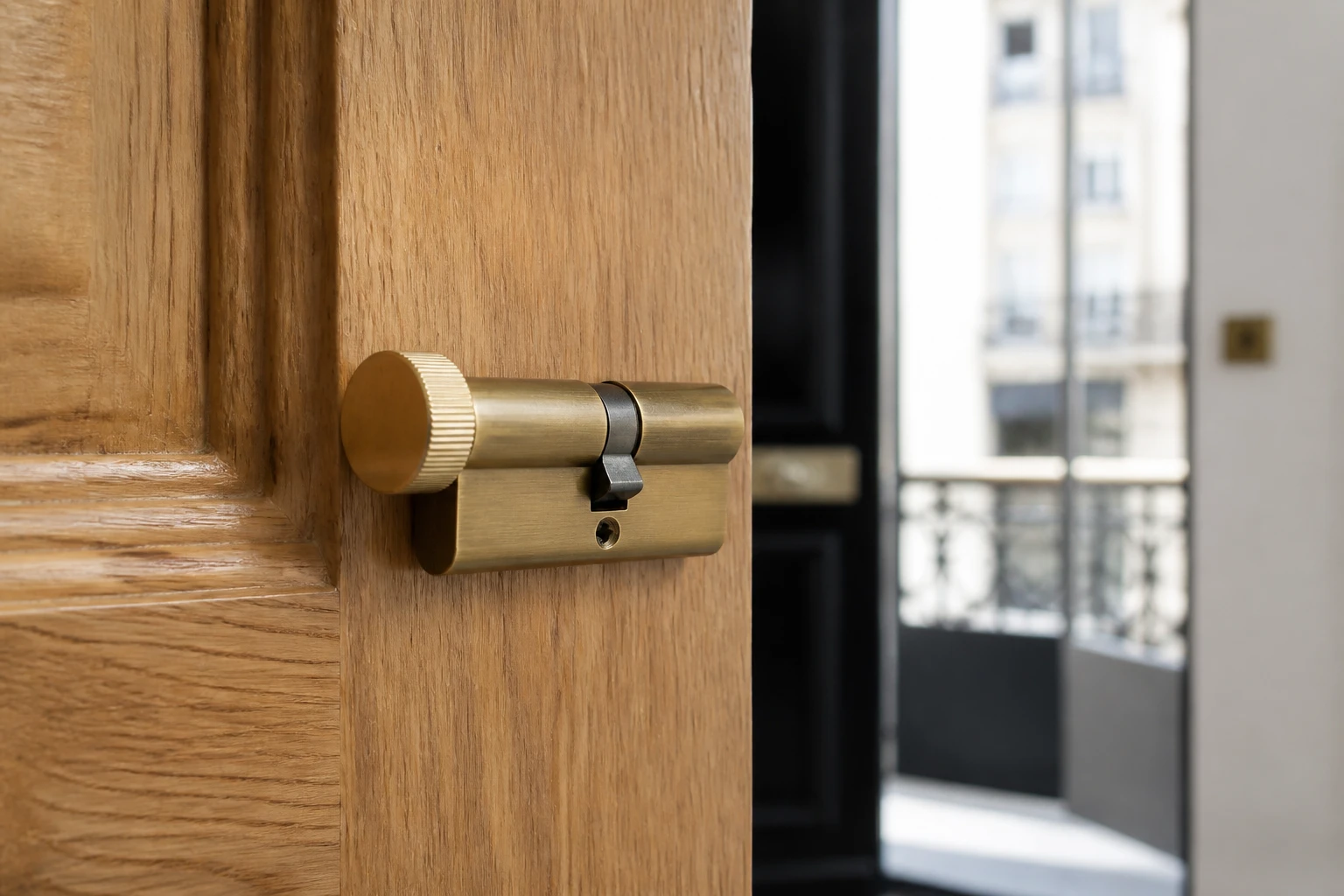 Cylindre de serrure à bouton moleté en laiton brossé installé sur une porte d'entrée en bois clair