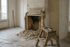 Cheminée maçonnée en cours de démolition dans un appartement, gravats et outils sur bâche de protection