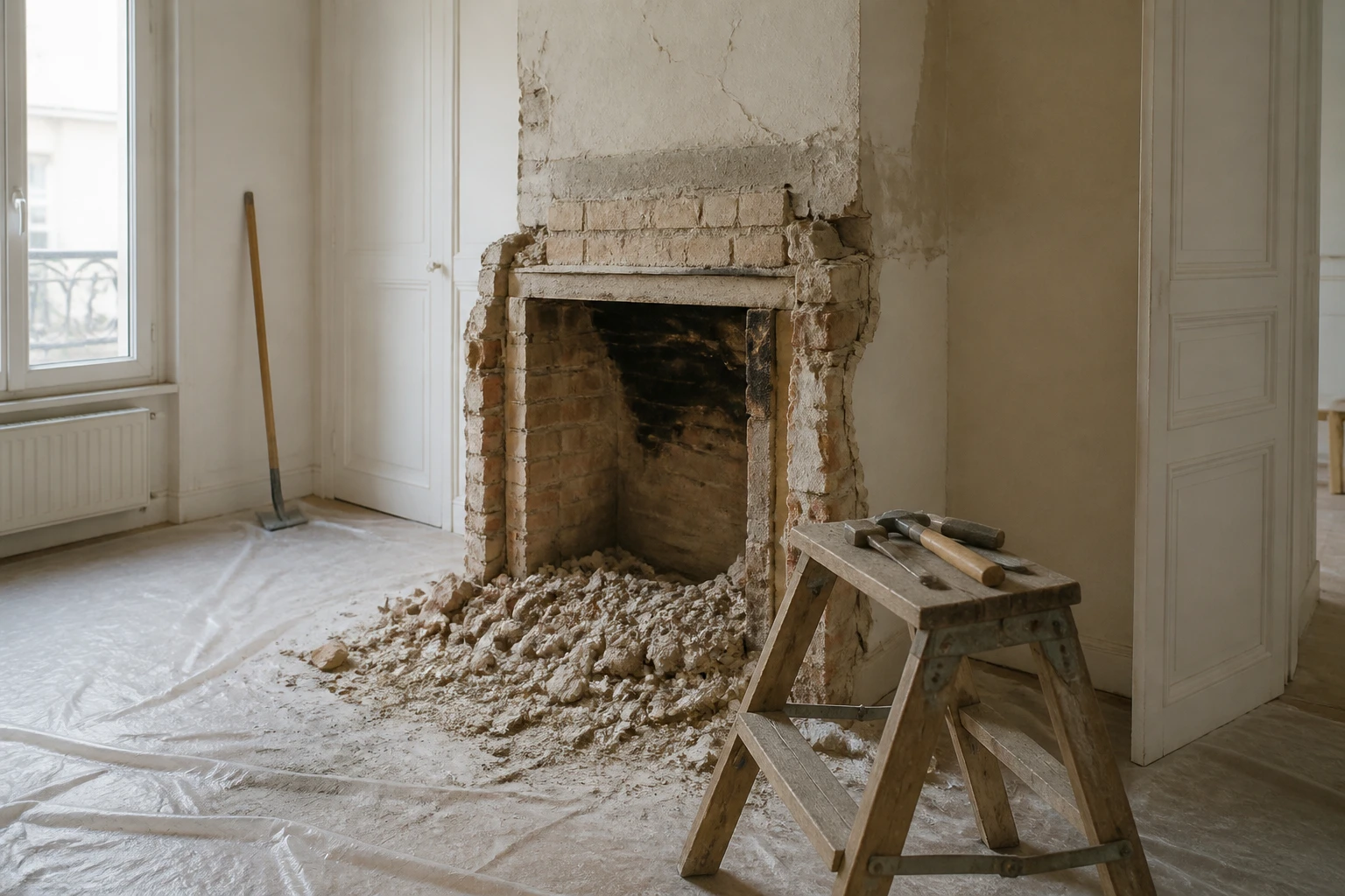 Cheminée maçonnée en cours de démolition dans un appartement, gravats et outils sur bâche de protection