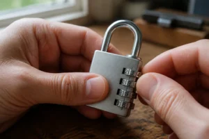 Mains réglant les molettes d'un cadenas à code argenté posé sur un établi en bois