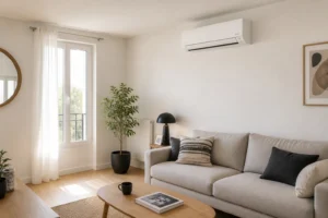 Unité intérieure de climatisation Atlantic installée dans un salon moderne avec parquet clair
